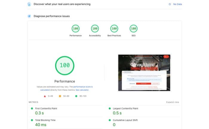 Google PageSpeed Score 90+ for Kennford Tarmacadam website built by Pink Frog Studio